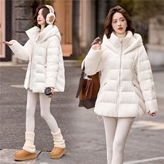 2025冬季新款时尚高级感纯色中长款显瘦保暖连帽白鸭绒羽绒服外套，女装羽绒服，流量+