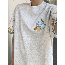 美式高街复古花卉刺绣短袖t恤夏季宽松学院风运动情侣半袖上衣，男装T恤，星座601-1