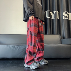复古格子裤秋季褶皱伞兵休闲裤直筒拖地裤A486特P45控68，男装休闲裤，电商A309