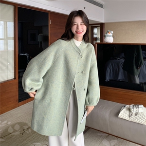韩系chic绿色中长款双面羊绒大衣女秋冬新款超火好看毛呢加厚外套图片