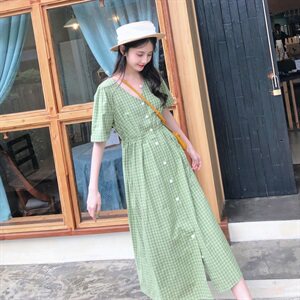爆款现货！20夏牛油果绿高腰显瘦格子连衣裙 229-8113-P75-K128图片