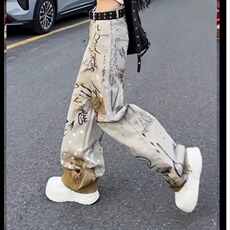 涂鸦春秋小众设计感休闲裤男女街头嘻哈牛仔裤网图NZK9036P55有货，男装牛仔裤，星座302B-2