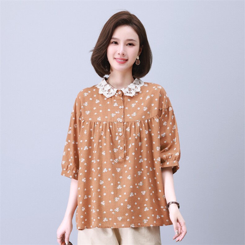 时尚宽松印花拼接上衣甜美蕾丝领口设计适合各种身材的女性穿着,女装衬衫,叶笙衣