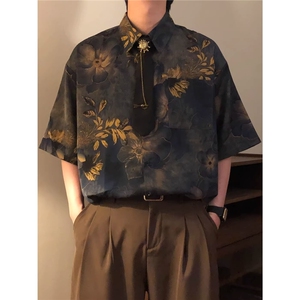 美式潮牌休闲新中式古着感港风印花衬衫领带短袖上衣男CSK5263图片