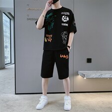夏季短袖t恤男装潮流帅气宽松套装吸汗透气两件套F307P58图片