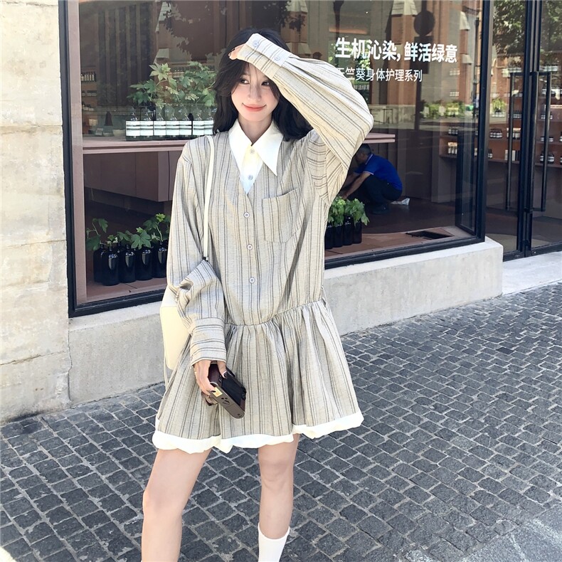 学院风条纹衬衫连衣裙女春秋超火好看小众高级独特漂亮绝美a字裙,女装连衣裙,2C201