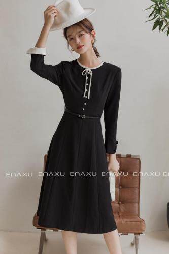 法式优雅黑白撞色蝴蝶结拼色连衣裙，女装连衣裙，伊奈秀E∩ΛXU