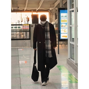 网图 黑色中长款毛呢大衣男款冬季加厚呢子风衣外套310A-F88-P80图片