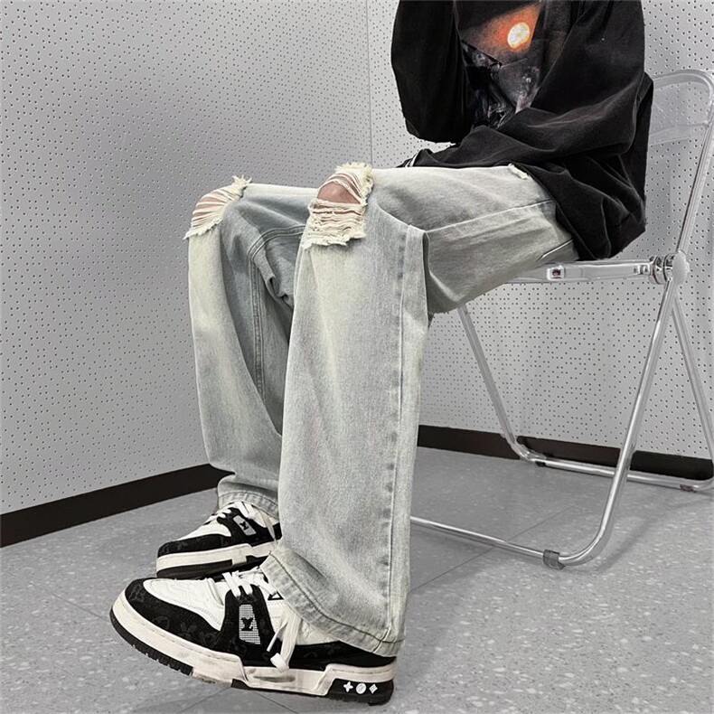 牛仔裤炸街风破洞补丁男裤灰色复古水洗做旧B225-K2389-P63-X78,男装牛仔裤,电商B225