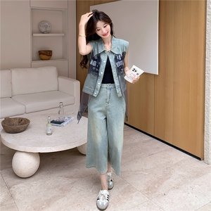 蕾丝网纱拼接牛仔阔腿裤套装女夏ootd流行巨好看小众不撞款两件套图片
