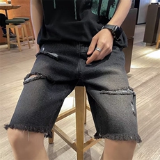 日系夏季高街毛边破洞牛仔短裤男韩版潮流宽松五分裤DK02108-P35，男装牛仔裤，星座308B-1