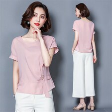 圆领短袖时尚气质百搭优雅韩版2021年夏季衬衫，女装衬衫，超帛