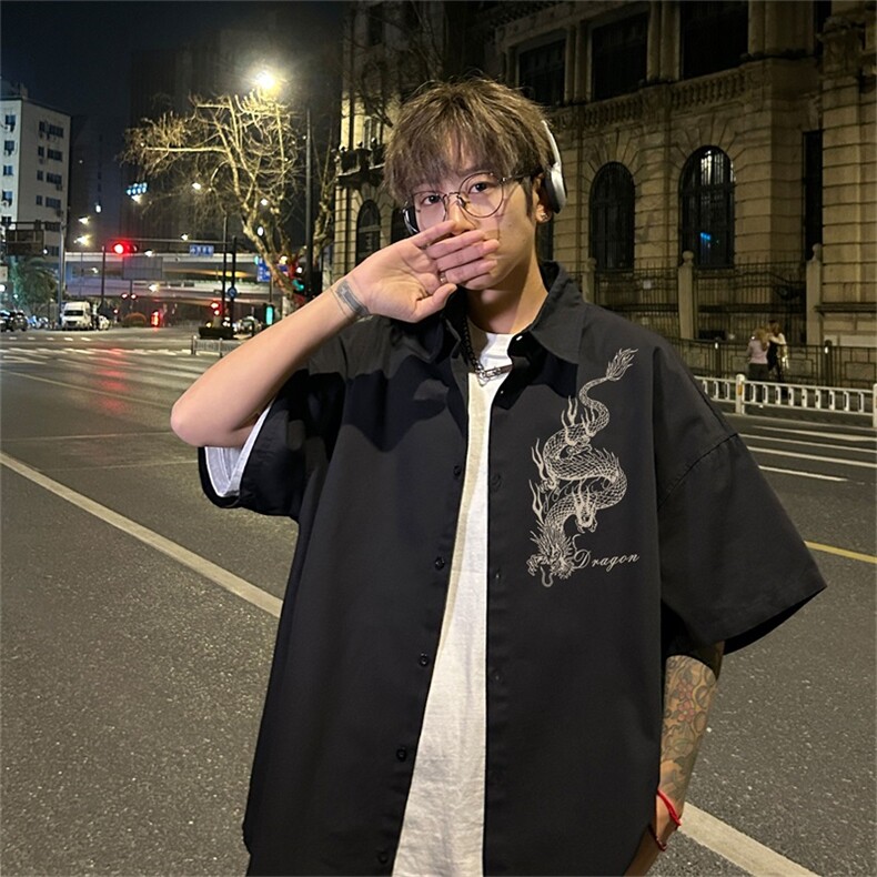 电商DSA028-DX2403100聚酯特P25新款港风潮流印花短袖衬衫男,男装T恤,电商A028