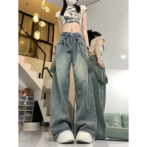 AK2258-P58夏季两穿背带牛仔裤高腰宽松直筒阔腿裤图片