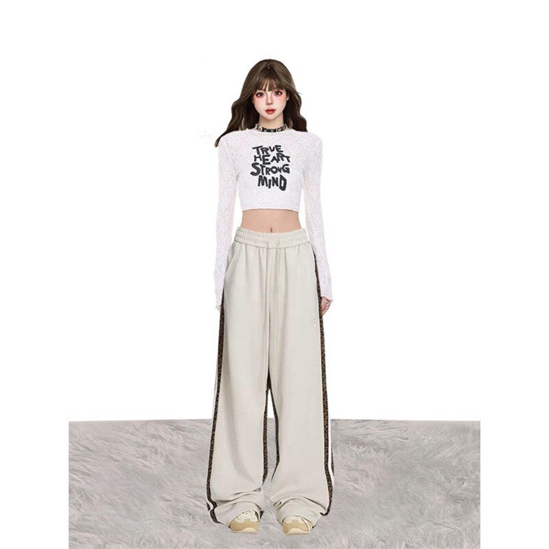 豹纹拼接卫裤女春秋2025新美式嘻哈宽松潮牌设条纹运动直筒休闲裤，女装休闲裤，星座505-2（原电商A260-1)