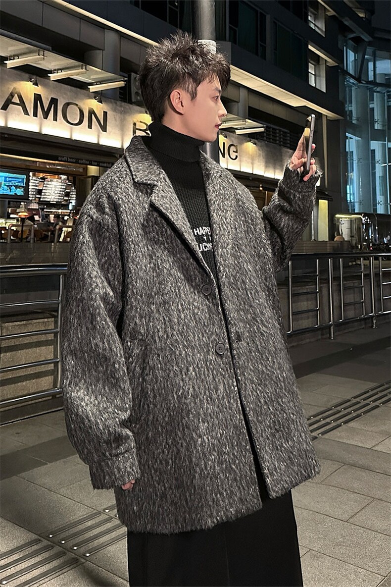 铁灰毛呢中长款风衣冬季海马毛潮牌大衣外套882P110,男装风衣,电商A458A