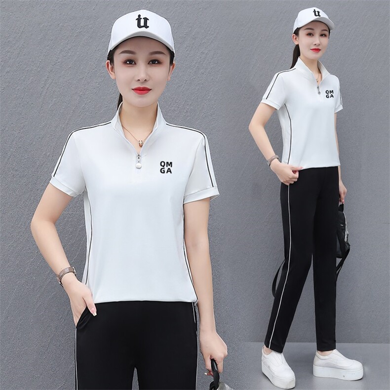 夏季立领短袖运动服套装女2023新款中年妈妈时尚休闲跑步服两件套,女装套装/套裙,燕颉服饰