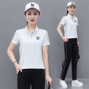 夏季立领短袖运动服套装女2023新款中年妈妈时尚休闲跑步服两件套图片