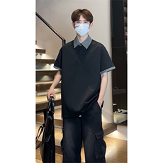 假两件格子拼接短袖T恤男夏季潮牌polo衫美式衬衫领T3652特价P30，男装T恤，电商A007