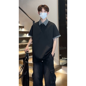 假两件格子拼接短袖T恤男夏季潮牌polo衫美式衬衫领T3652特价P30图片