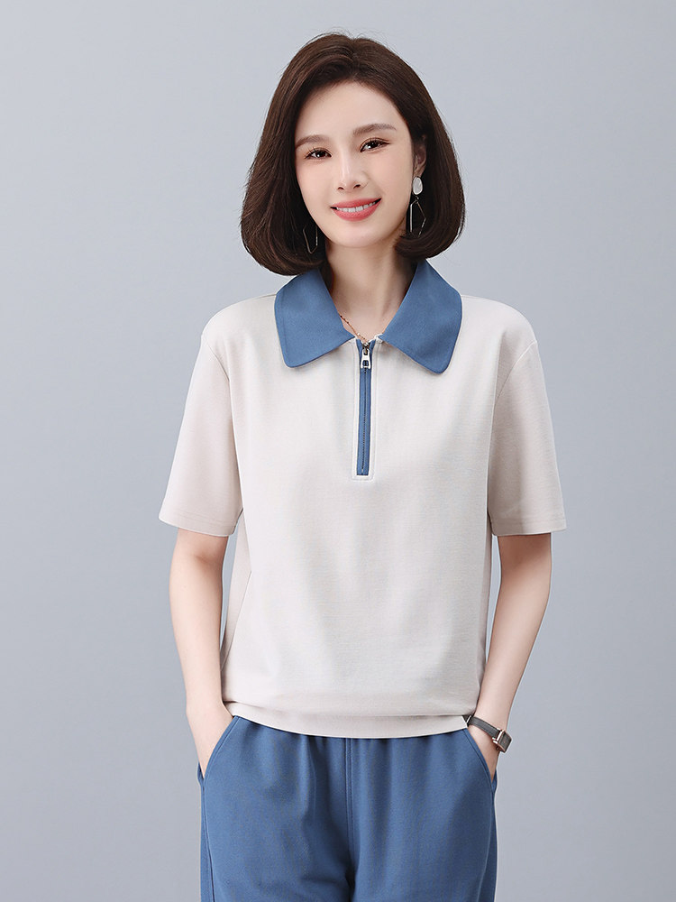 2023年夏季夏季方领拼接短袖薄款T恤上衣,女装T恤,依倍林