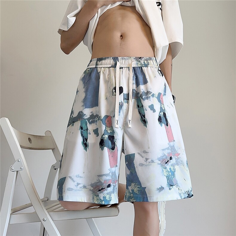 2025夏休闲水墨画冰丝凉感短袖五分裤薄款短裤 K8907/特P20 浅蓝5图片