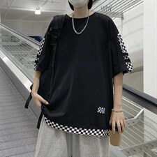 棋盘格拼接短袖T恤男夏季高街小众设计感潮牌半袖上衣T1314-P30，男装T恤，星座512-2