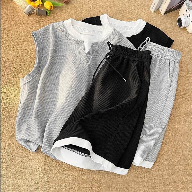 特批P45无差价夏季假两件华夫格休闲纹理感大码背心短裤男TZ5581，男装休闲套装，电商A001