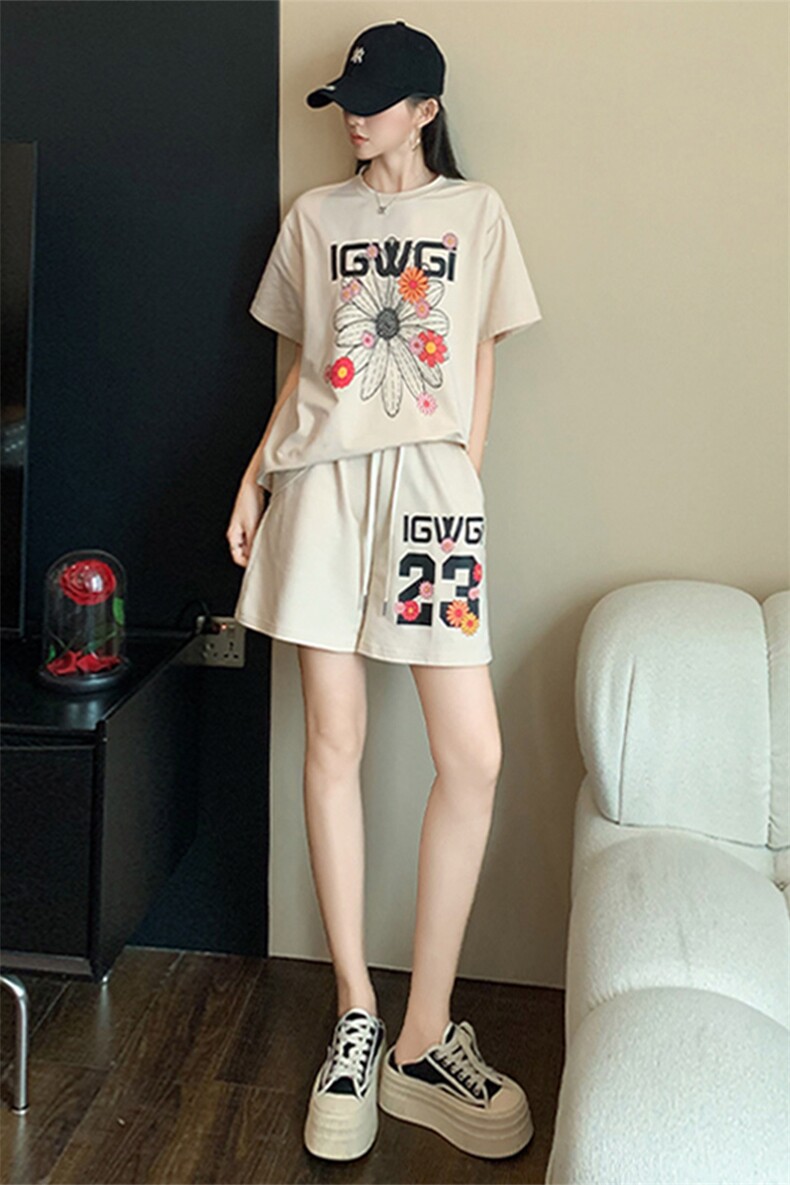 时尚休闲运动套装女夏季新款韩版宽松显瘦印花短袖阔腿短裤两件套,女装套装/套裙,江南