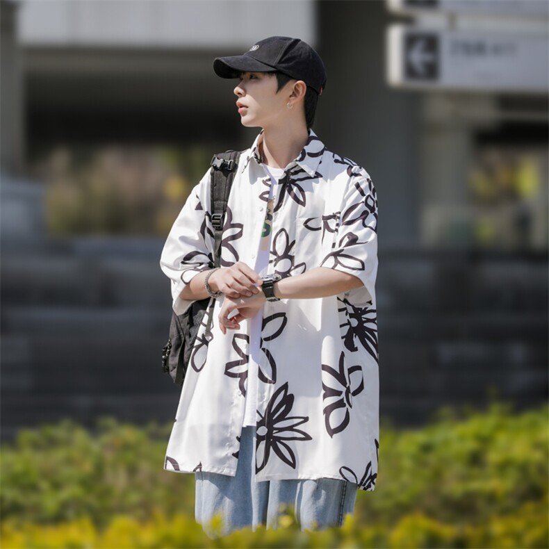 2025夏装花朵印花短袖冰丝衬衫男女潮流衬衣C309P35,男装T恤,电商C323