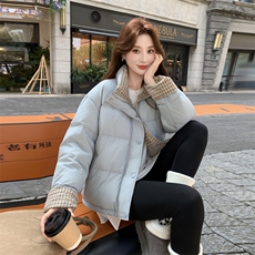 现货新款韩版宽松立领撞色格子袖口羽绒服短款外套百搭洋气，女装羽绒服，网红馆