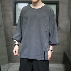 2025夏季风男装棉麻短袖t恤男宽松大码上衣QT6008-1/T063-P60图片