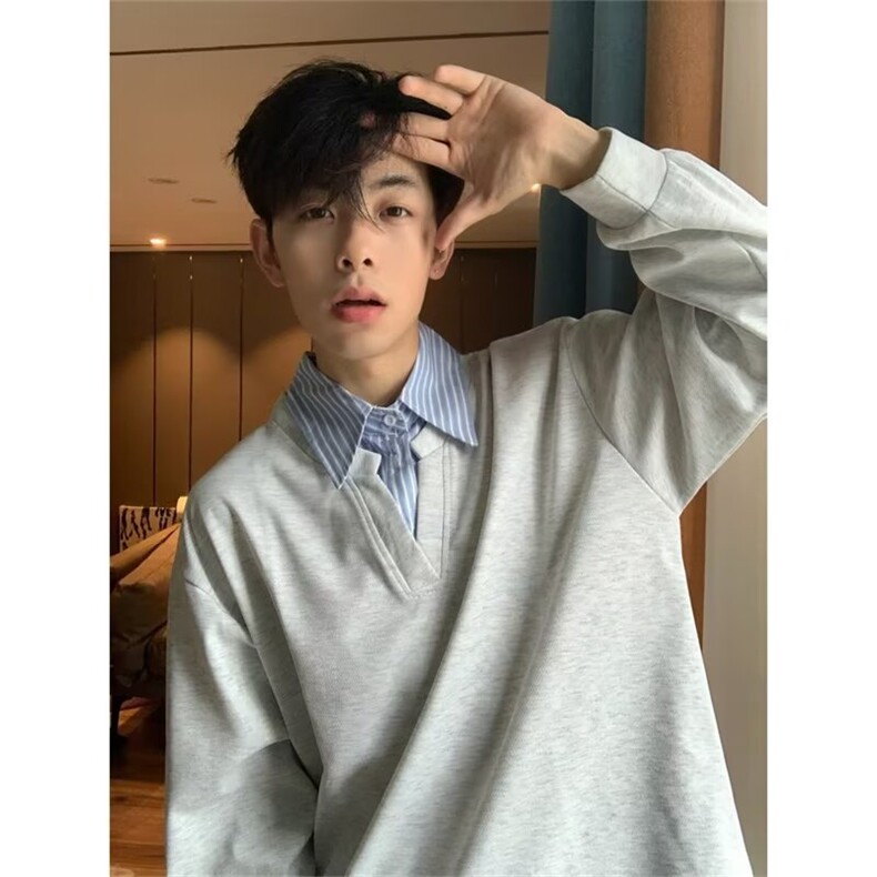 现货小众假两件美式复古POLO衫男春秋高级感情侣拼接条纹长袖T恤,男装T恤,星座302B