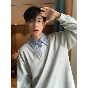 现货小众假两件美式复古POLO衫男春秋高级感情侣拼接条纹长袖T恤图片