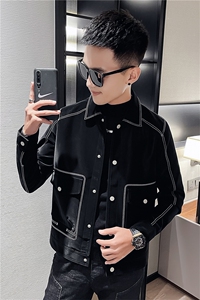 男士短款翻领设计感明线皮衣男潮流休闲夹克外套P2203-P115绒P125图片