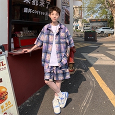 2025美式扎染印花冰丝凉感格子短袖衬衫薄套装TZ5600/特P45紫色，男装T恤，电商A094