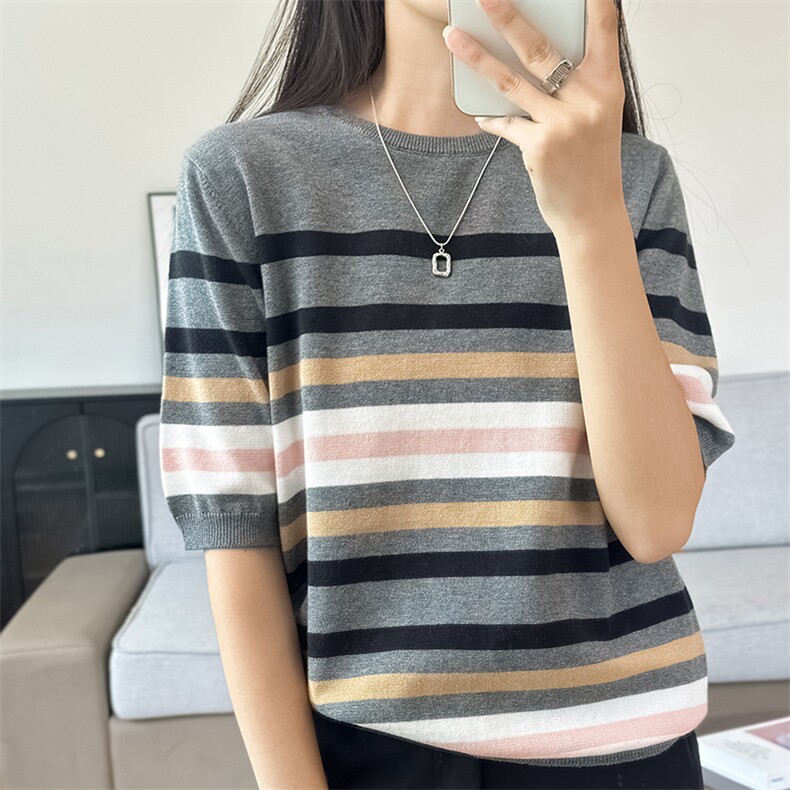 2024夏季新款100%纯棉背心女士条纹宽松显瘦拼色针织百搭t恤上衣,女装T恤,洁纯羊绒