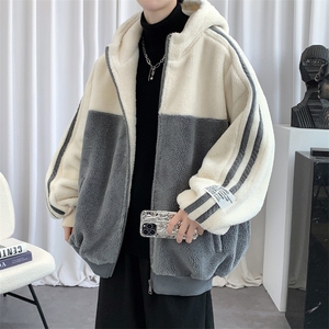 羊羔绒外套男冬季加绒加厚保暖棉服美式复古拼接撞色连帽夹克上衣图片