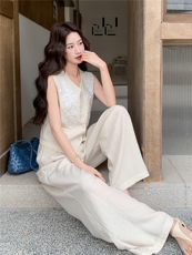 简约老钱风重工刺绣马甲阔腿裤套装女2026夏季显瘦超好看一整套，女装套装/套裙，冬木谷雨