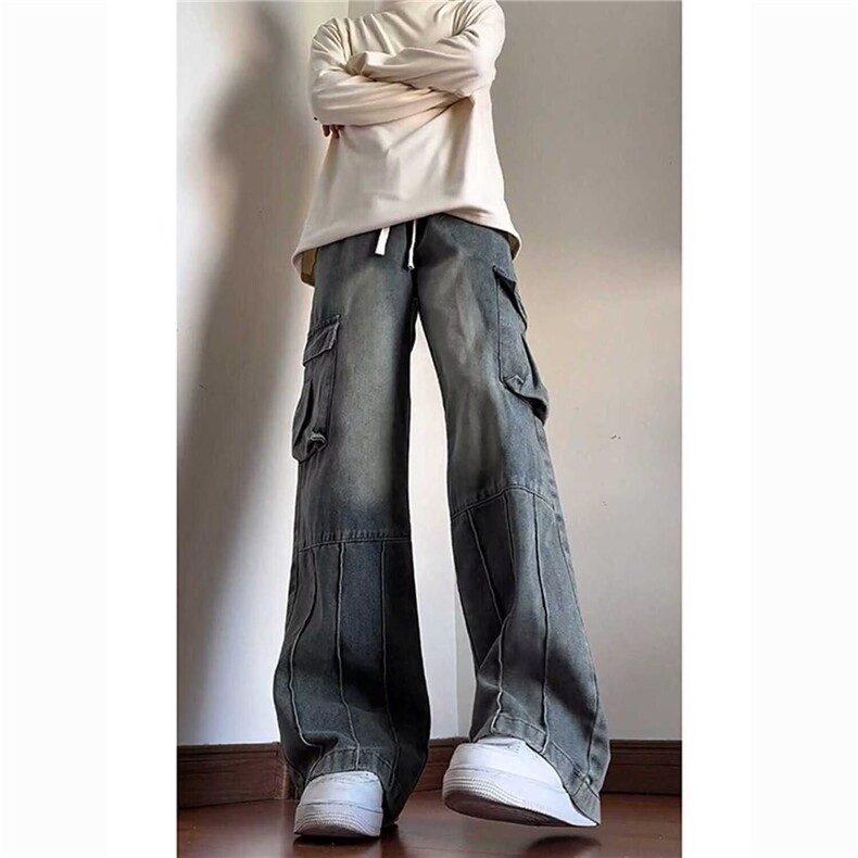 美式高街复古水洗做旧牛仔工装阔腿情侣长裤KZ41G102--TP45，男装工装外套，电商A247C
