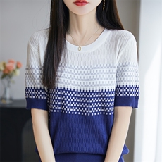 时尚渐变短袖t恤女夏季2025新款打底衫洋气大码女装冰丝针织上衣，女装T恤，皓宇羊绒