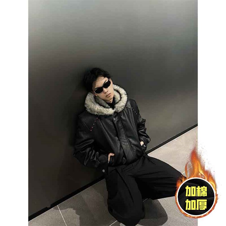 现货冬季美式潮牌痞帅PU皮机车服棉衣毛毛绒狼王座山雕皮棉服,男装棉衣,电商A486