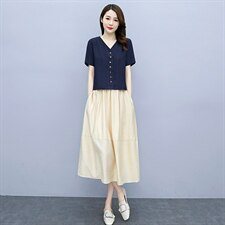 棉麻连衣裙夏季薄款2025新款大码减龄时尚妈妈夏装两件套装半身裙，女装套装/套裙，众宇琦
