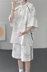 TZ781-特P55控98夏季T恤半拉链扎染冰感冰丝大码短袖短裤套装，男装牛仔裤，电商A059