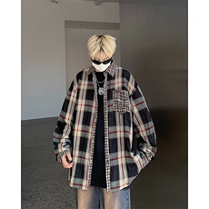 24年潮牌古欧式拼接格纹长袖衬衫男女同款撞色百搭打底衫~C1466，男装衬衫，星座601-2