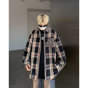 24年潮牌古欧式拼接格纹长袖衬衫男女同款撞色百搭打底衫~C1466图片