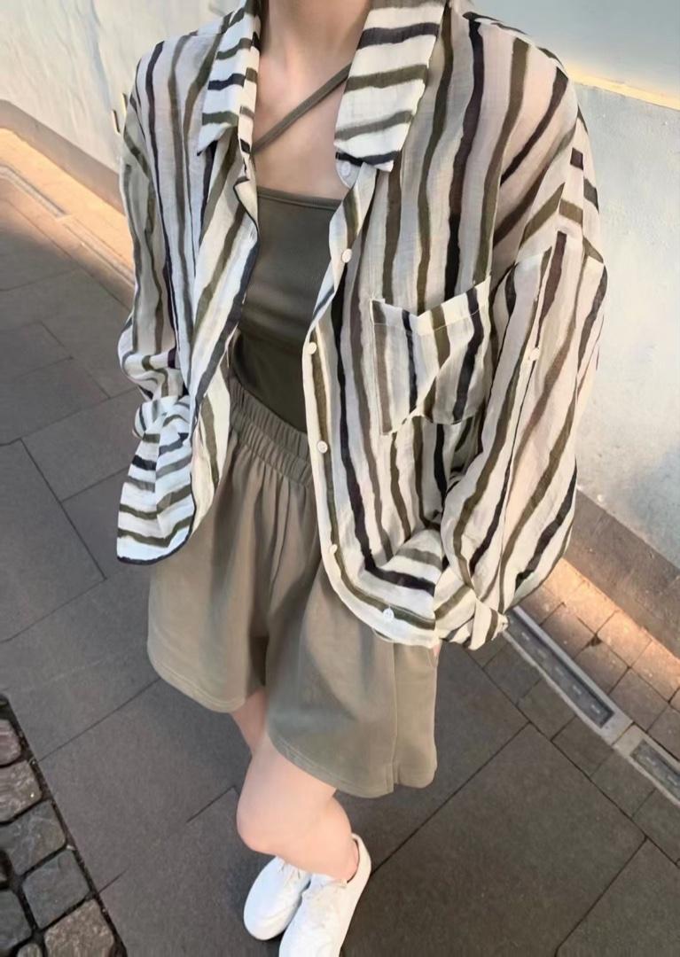 夏季新款欧洲站洋气彩色条纹时尚衬衫,女装衬衫,L·H·X