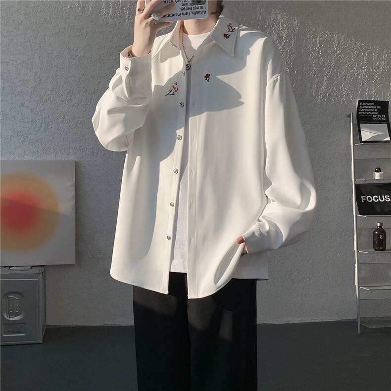 春夏新中式花卉刺绣长袖衬衫大码高级垂感风痞帅衬衣LC305特P45，男装衬衫，电商B215