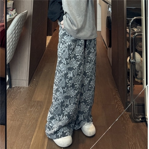 棉麻风提花阔腿裤子男新款复古慵懒宽松直筒休闲拖地裤D506/P55图片