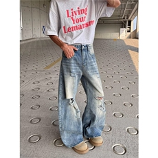 美式街头水洗做旧破洞牛仔裤男高街vibe风长裤子N0784-P53，男装牛仔裤，星座308B-2